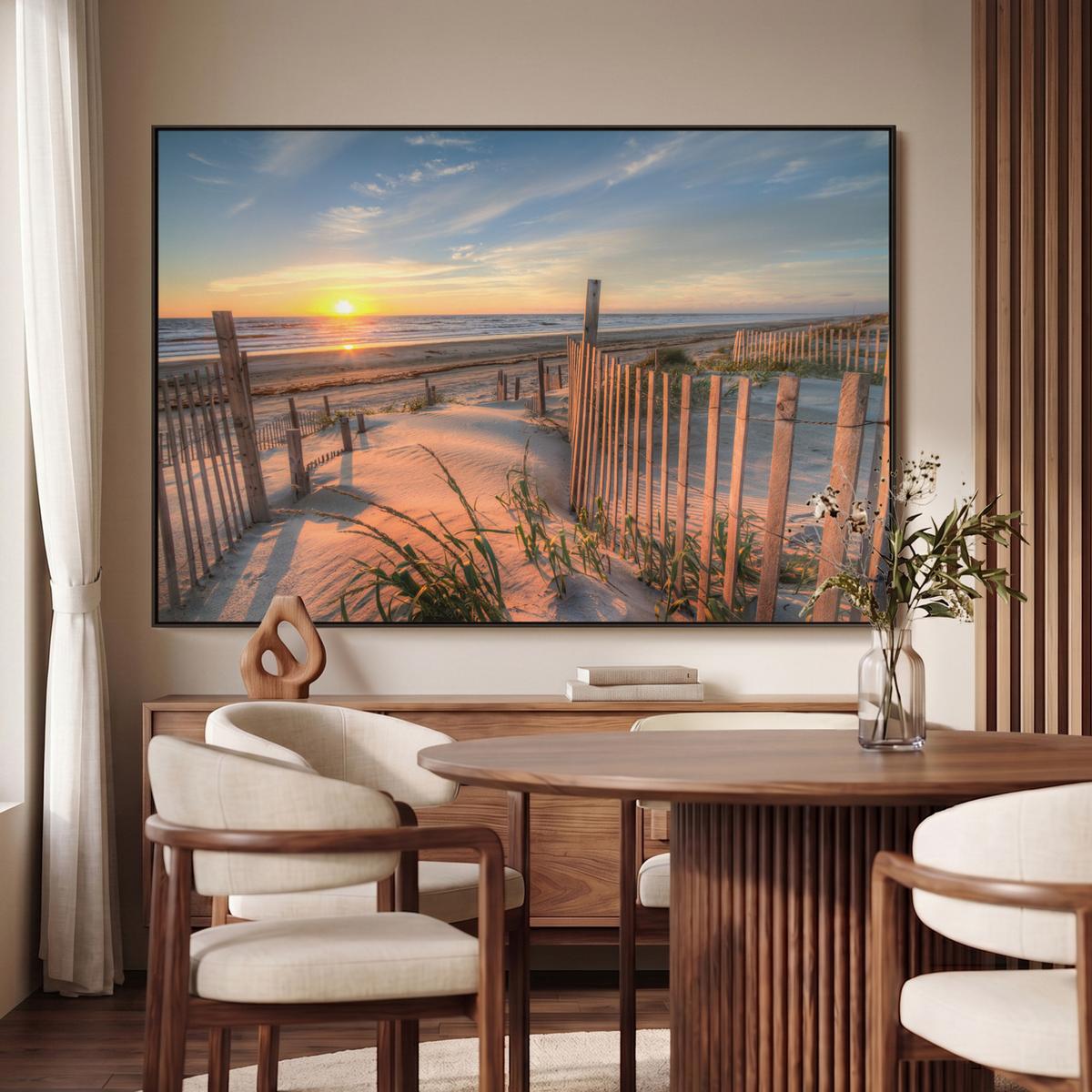 LEINWAND Bilder mit Rahmen - Strand - Meer - Düne - Sonnenuntergang - Landschaft - 140x90 - Beige, Textil (140/90cm) - MuchoWow