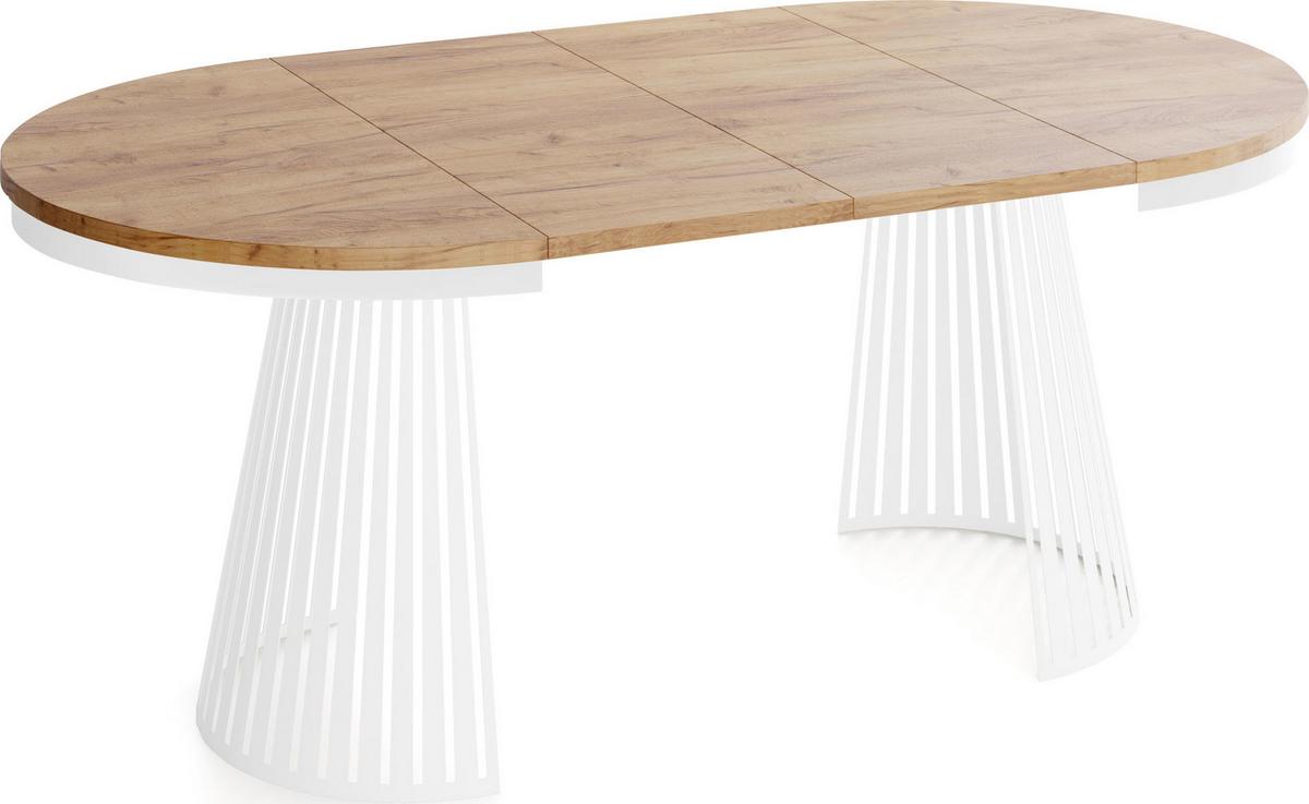 ESSTISCH Naro rund ausziehbar mit Weißem Lamellen-Metallgestell, Braun 120-200/120/76 cm - Eiche Wotan/Weiß, Holzwerkstoff/Metall (120/196/76cm) - WFL GROUP