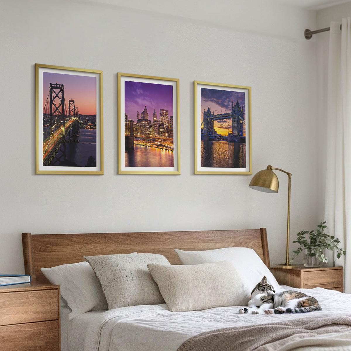 BILDER SET 3er Set - 40x60 cm Goldrahmen - Brücken, Sonne, Stadtblick - Goldfarben, Kunststoff (40/60cm) - TULUP