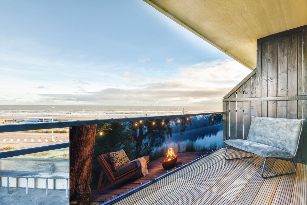 BALKON-SICHTSCHUTZ Lagerfeuer - See - Abendlicht Deko XXL 500x130 cm - Dunkelblau, Kunststoff (500/130cm) - MuchoWow