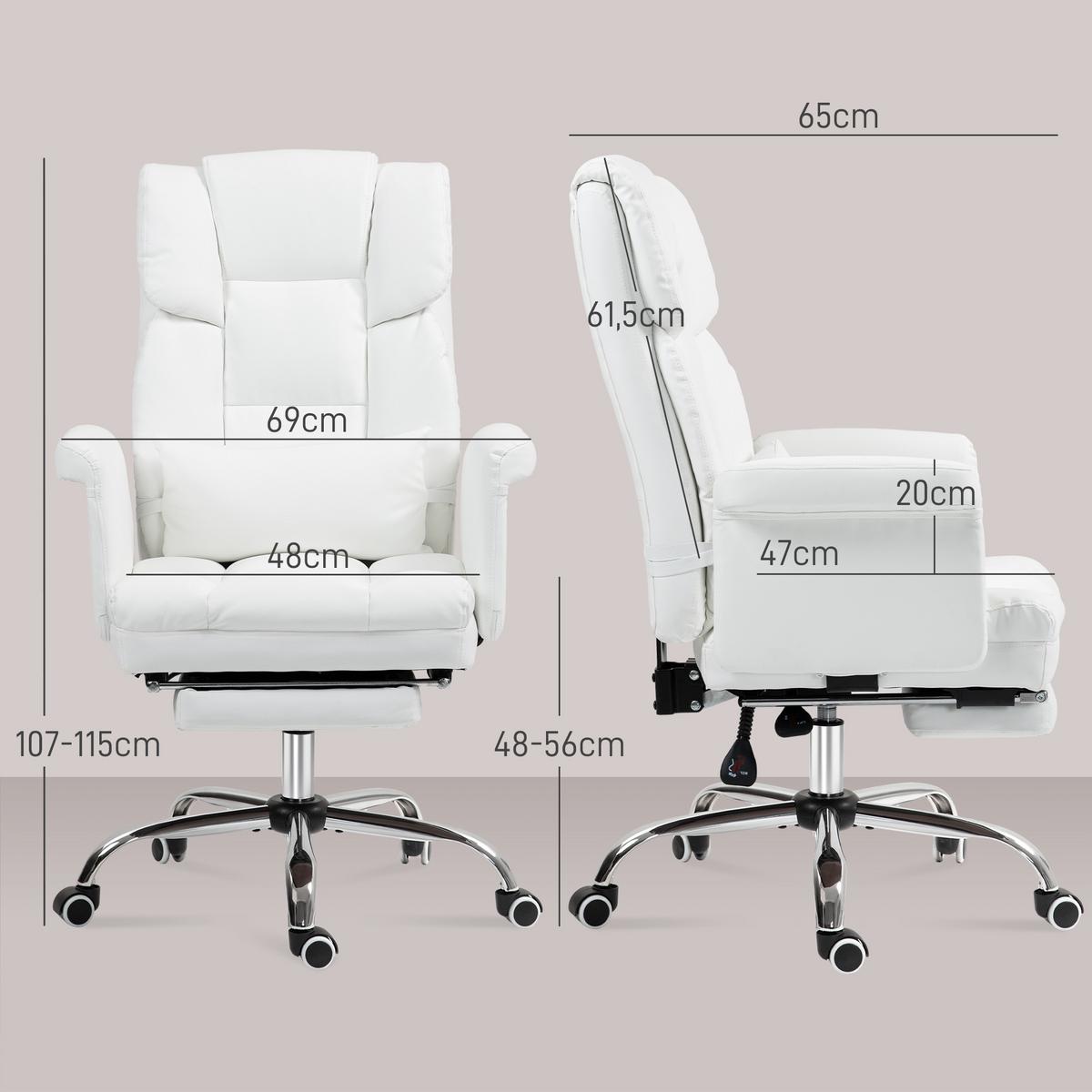 BÜROSTUHL, Ergonomisch Schreibtischstuhl mit Liegefunktion, Lendenkissen, Weiß - Chromfarben/Weiß, Kunststoff/Metall (65/115/69cm) - HOMCOM