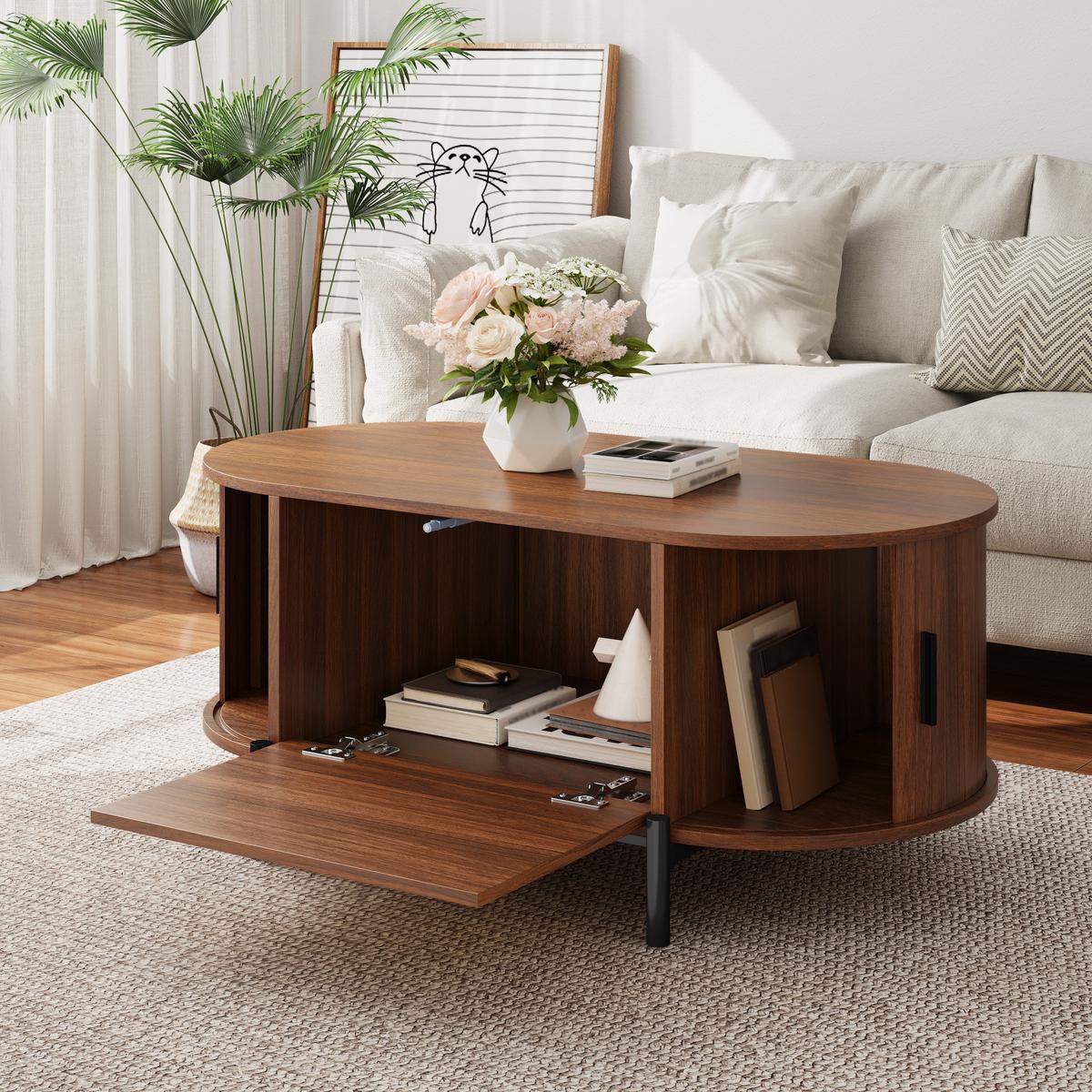 COUCHTISCH in holzoptik mit rattan, ovale form und schiebetüren - Walnussfarben, Holzwerkstoff (50/100/40cm) - Urban Meuble