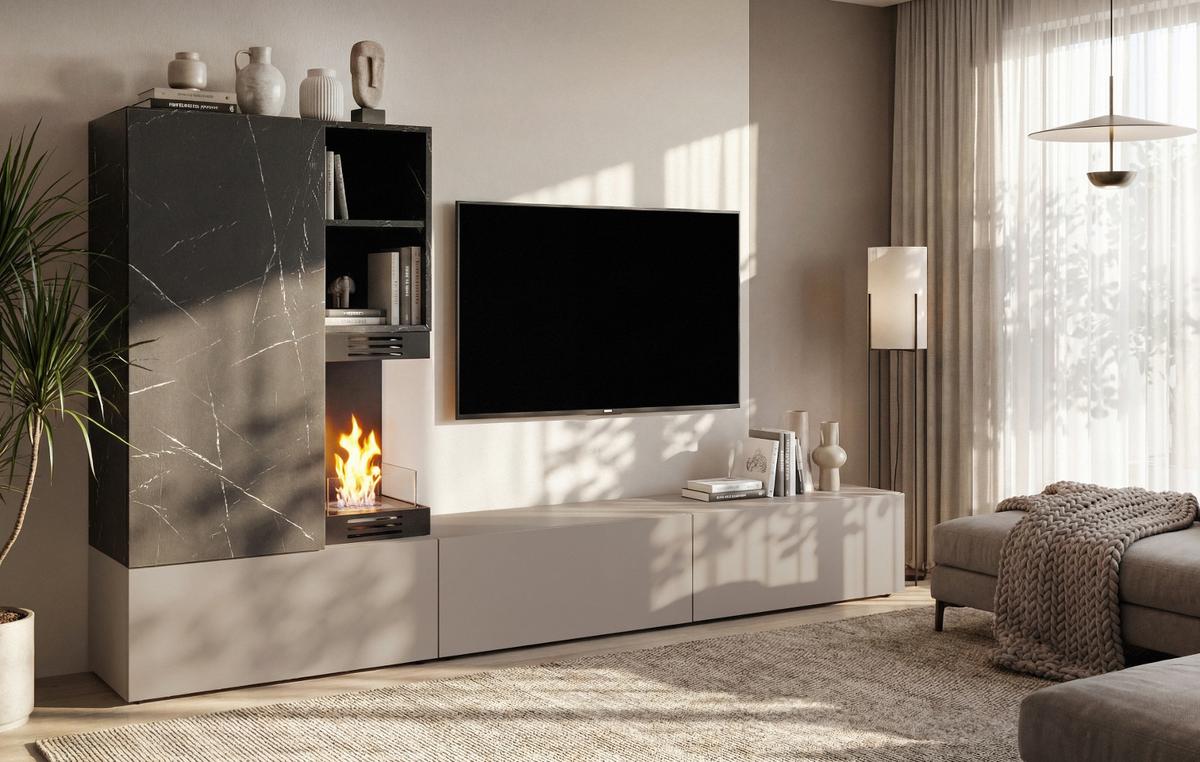 WOHNWAND Marmor schwarz, Lehm-Grau 270 cm, Schrankwand mit Ethanol Kamin, Push-to-Open - Schwarz/Grau, Holzwerkstoff (270/158/38cm) - Inn.Furn