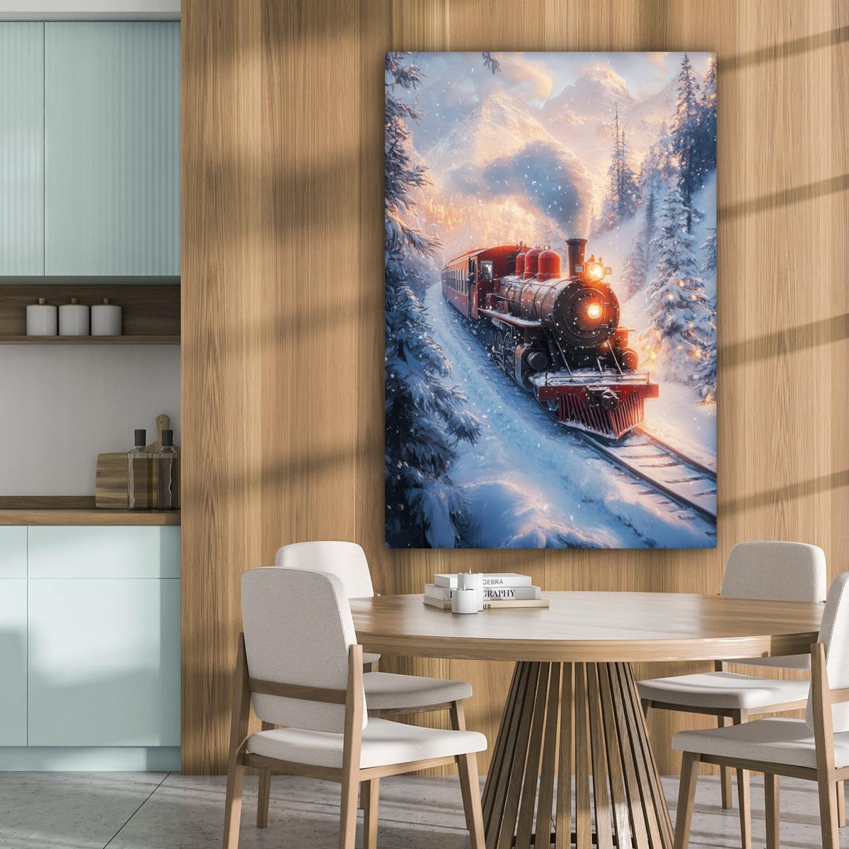 LEINWANDBILD Weihnachtszug - Schnee - Winter - Weihnachten Deko XXL 80x120 cm - Dunkelrot, Textil (80/120cm) - MuchoWow