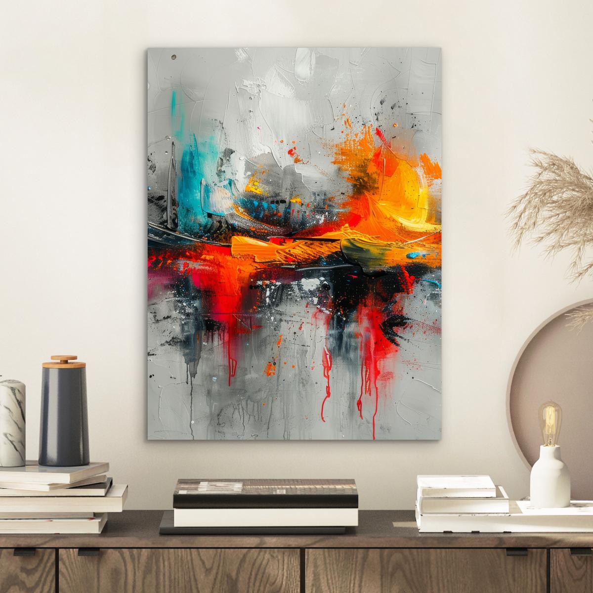 METALLBILD Moderne Kunst - Orange - Grau - Abstrakt 30x40 cm - Hellgrau, Metall (30/40cm) - MuchoWow
