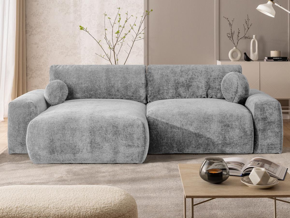 ECKSOFA Puffy mit Schlaffunktion und Bettkasten - besonders weich und puffig aus Hellgrau Stoff mit Chenillestruktur - Ottomane links - Hellgrau/Schwarz, Holz/Kunststoff (138/266cm) - S-Style Möbel