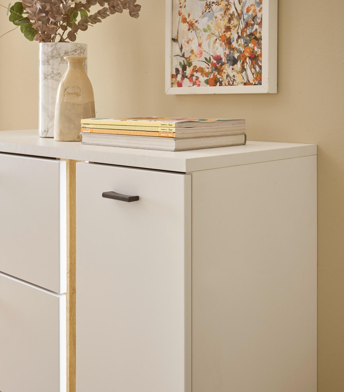 HIGHBOARD weiß matt, Eiche Wotan 100 x 125 cm, Kommode inklusive Frontbeleuchtung - Eiche Wotan/Silberfarben, Holzwerkstoff/Kunststoff (100/125/42cm) - Furn.Design