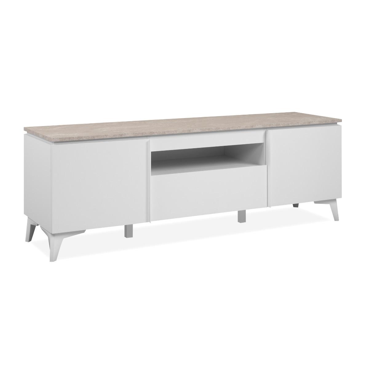 TV-MÖBEL mit 2 Türen 1 Schublade und 1 offenem Fach Dekor Travertin und Weiß 150/40/51 cm - Weiß, Holzwerkstoff (40/51/150cm) - Calicosy