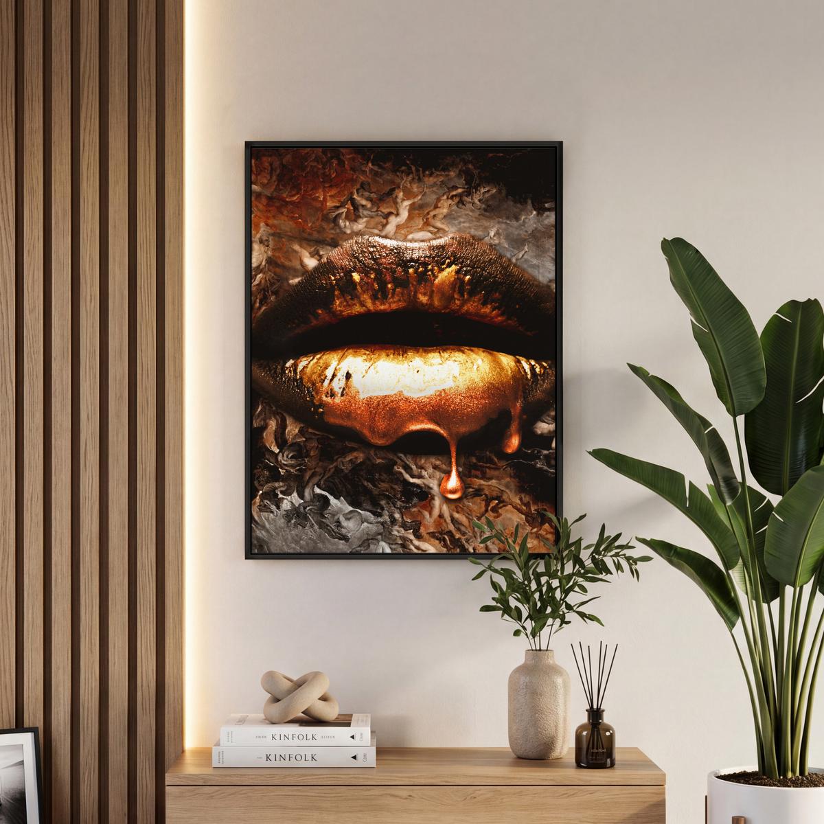 LEINWAND Bilder mit Rahmen - Gold - Lippen - Kunst - Gold - Luxus - Abstrakt - 50x70 - Kupferfarben, Textil (50/70cm) - MuchoWow