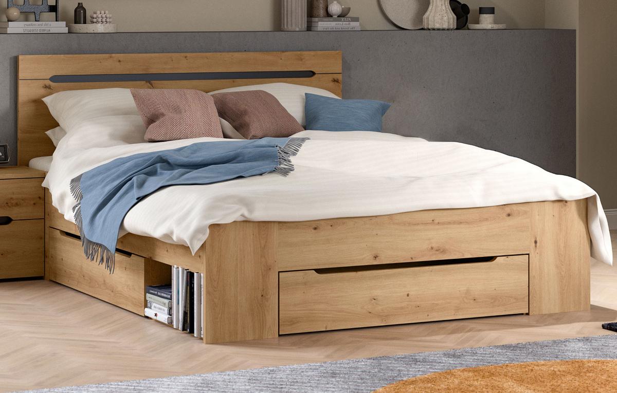BETT Eiche, grau Liegefläche 140 x 200 cm, Stauraumbett mit 3x Bettschubkasten - Eiche Artisan/Grau, Holzwerkstoff/Metall - Inn.Furn