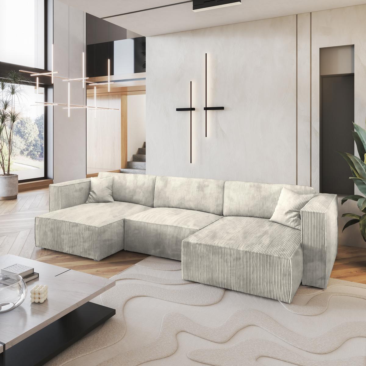 WOHNLANDSCHAFT SARMO P Creme Kordstoff mit Schlaffunktion - Creme/Grau, Holz/Kunststoff (347/70/148cm) - MASSENO