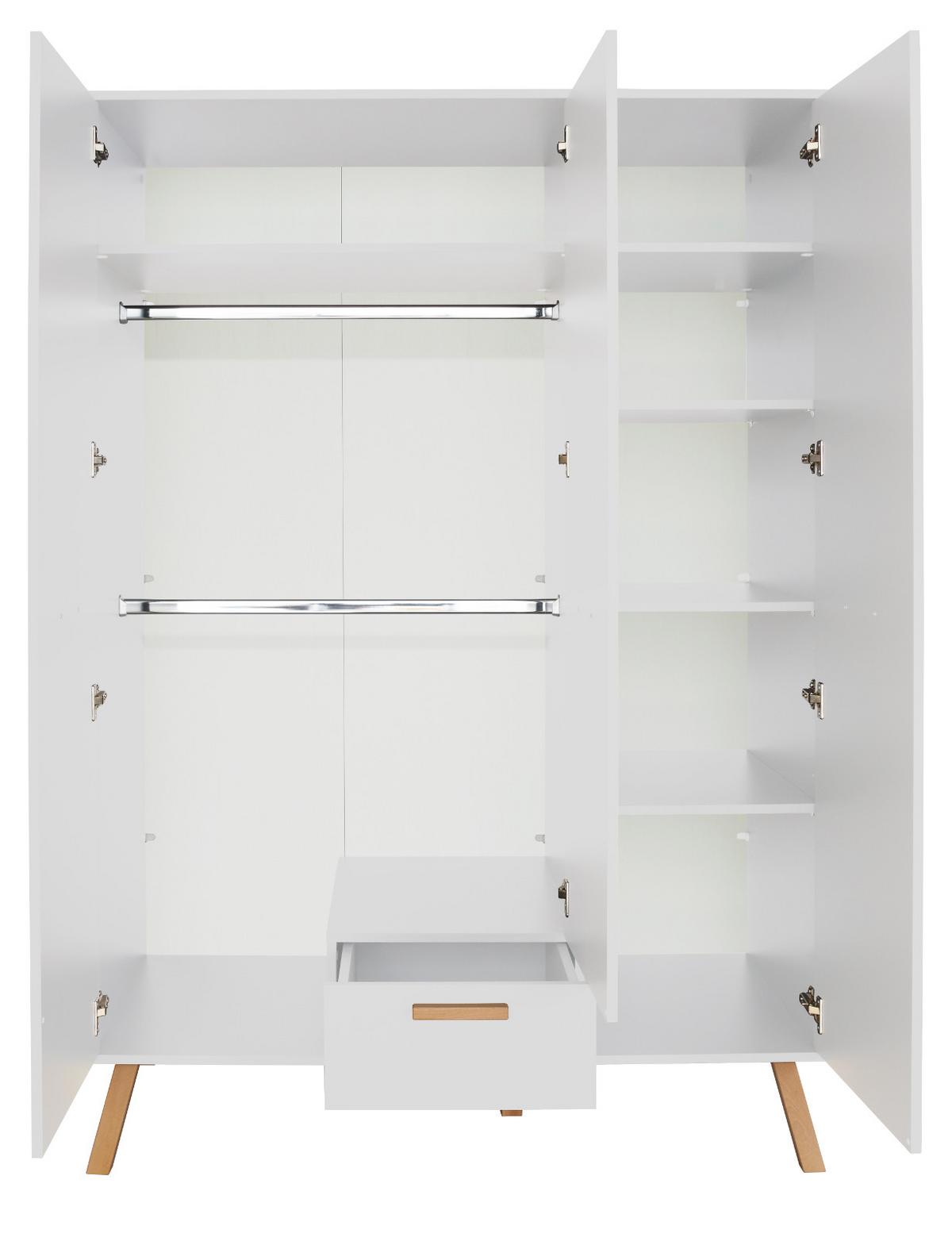 KLEIDERSCHRANK weiß matt mit Buche massiv, 3-türig 130 x 190 cm für Baby- und Kinderzimmer - Eichefarben/Buchefarben, Holz/Holzwerkstoff (60/190/130cm) - Top.Furn