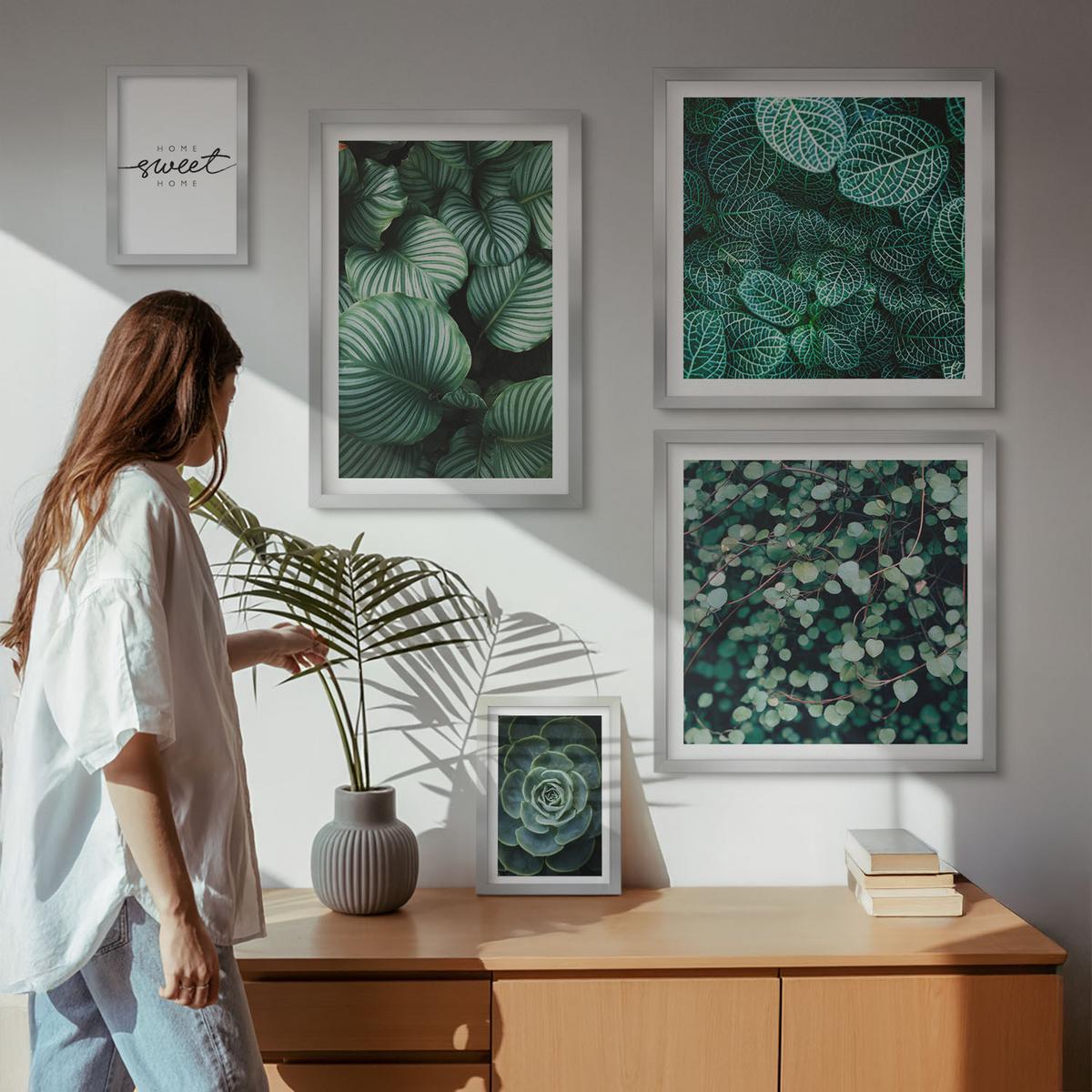 BILDER SET 5er Set - 50x50 cm & 20x30 cm & 40x60 cm Silberner Rahmen - Wellen, Sand, Wasser, Steine, Strand - Silberfarben, Kunststoff (40/60cm) - TULUP