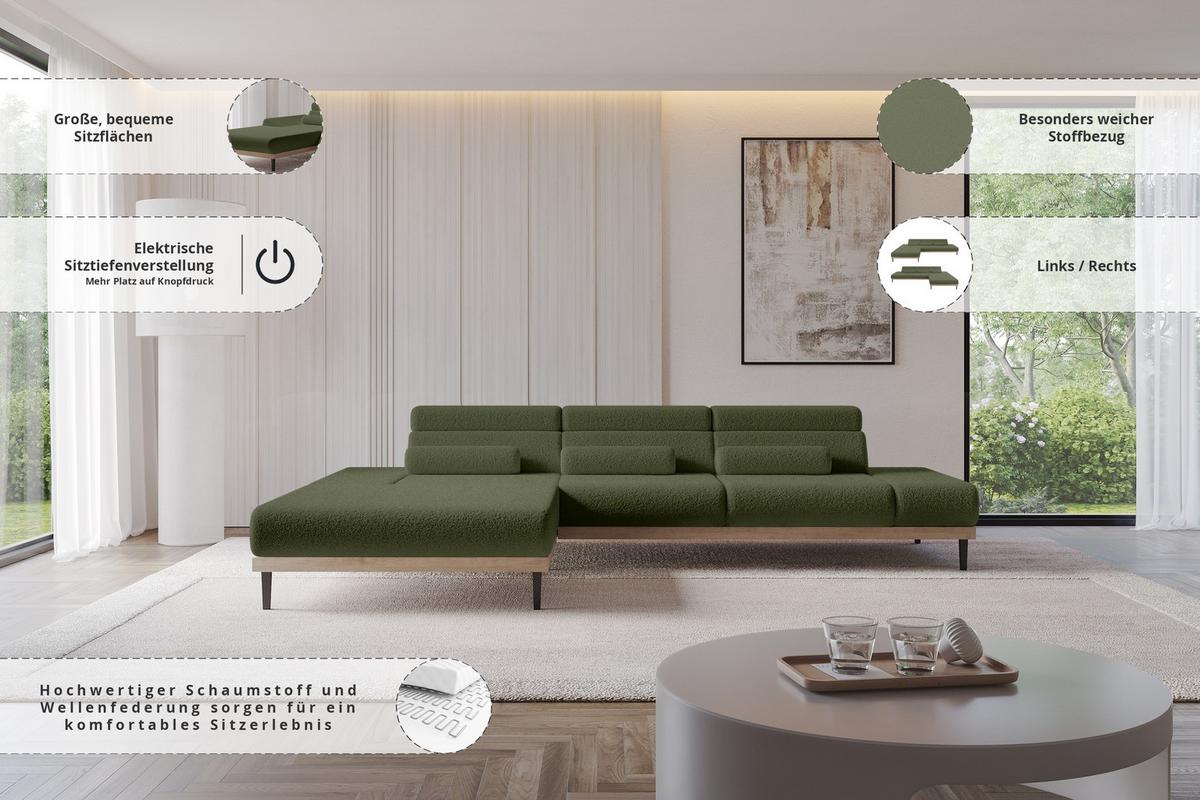 ELEKTRISCHES ECKSOFA Links MONA 316x205x85 Grün Bouclé - Olivgrün/Grün, Holzwerkstoff/Textil (316/205cm) - ALTDECOR