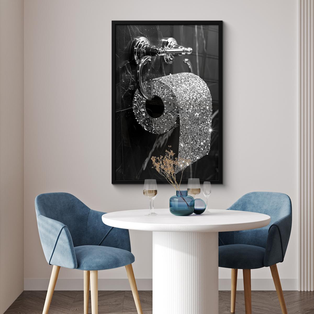 POSTER MIT RAHMENGERAHMTES BILD WC - Toilettenpapier - Schwarz und weiß - Glitter 60x90 cm - Silberfarben, Papier (60/90cm) - MuchoWow
