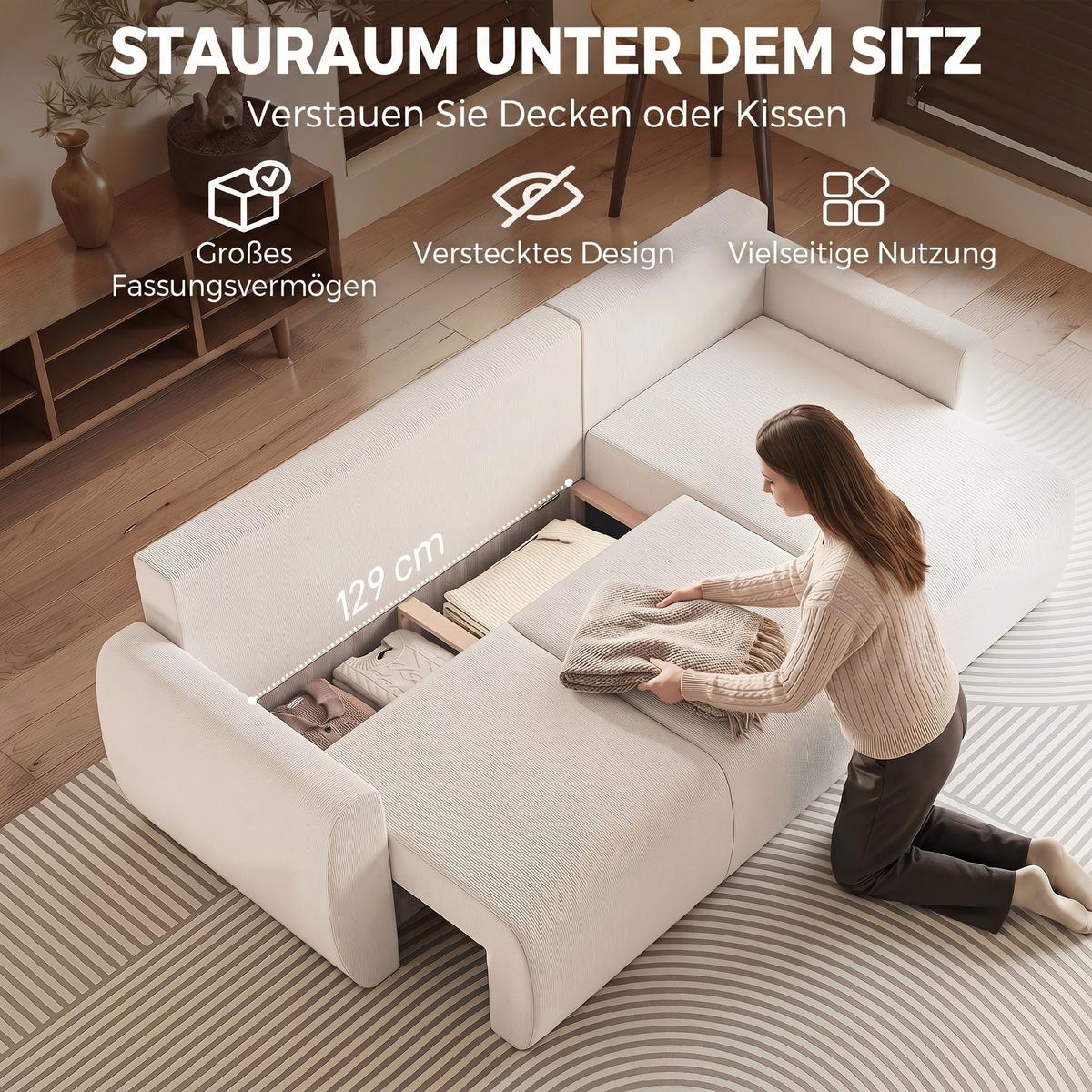 SCHLAFSOFA Veloursbezug Cremeweiß - Creme/Weiß, Holzwerkstoff/Kunststoff (140/86/250cm) - HOMCOM