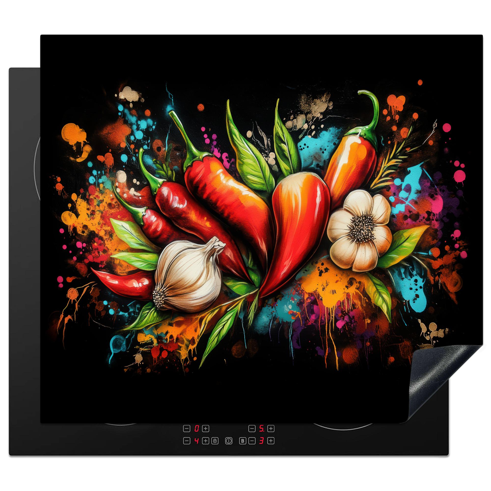 HERDABDECKPLATTE Gemüse - Paprika - Knoblauch - Graffiti - Farbe - Bunt Ceranfeldabdeckung 59x52 cm - Rot, Kunststoff (59/52/0.2cm) - MuchoWow