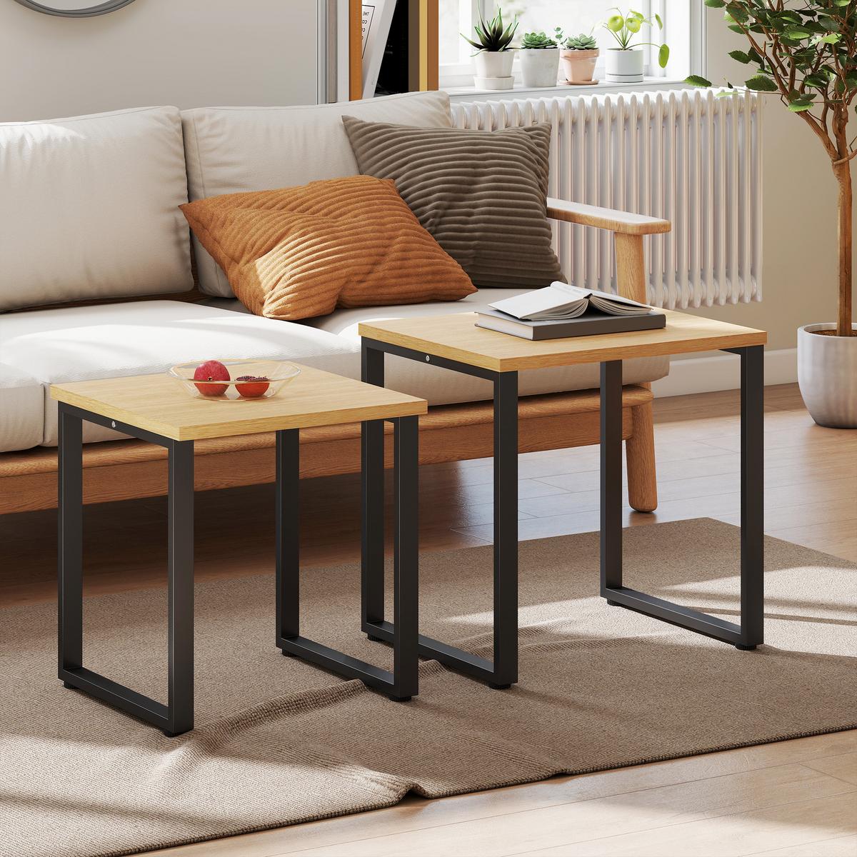 COUCHTISCH 2er Set Spanplatte Metall Naturholz - Schwarz/Naturfarben, Holzwerkstoff/Metall (60/50/60cm) - HOMCOM