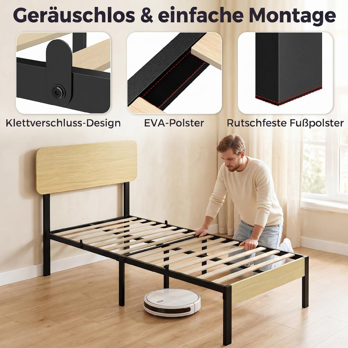 BETTGESTELL Metall Spanplatte Naturholz Schwarz Naturholz - Schwarz, Metall (90/200cm) - HOMCOM