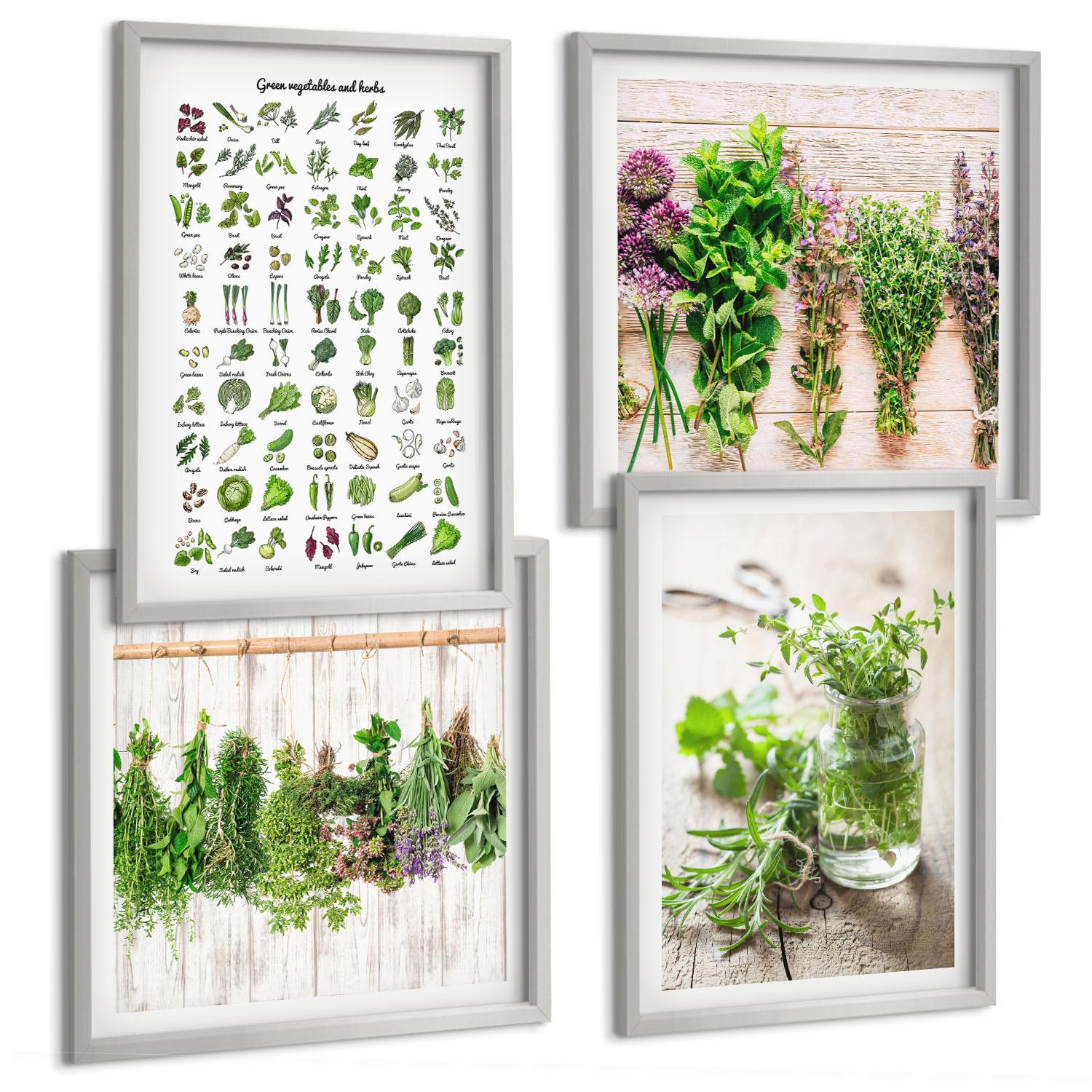 BILDER SET 4er Set - 50x50 cm & 40x60 cm Silberner Rahmen - Getrocknete Kräuter für die Küche - Silberfarben, Kunststoff (50/50cm) - TULUP