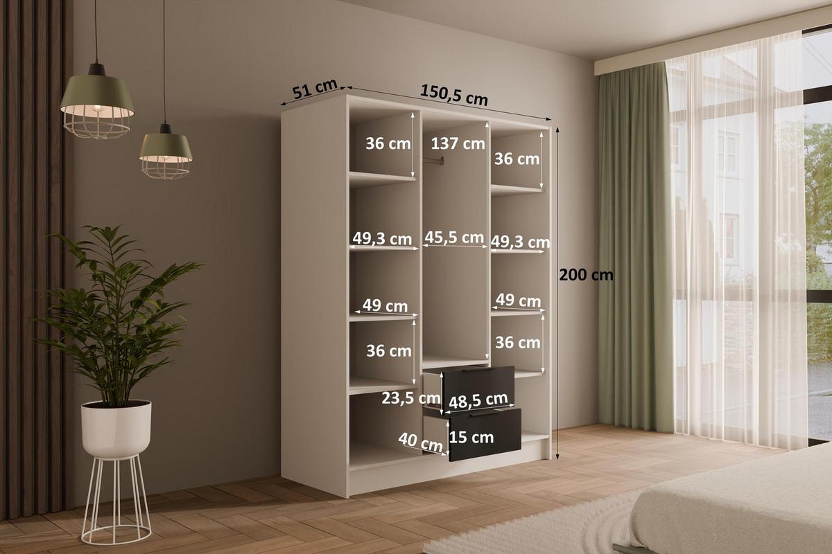 KLEIDERSCHRANK mit Flügeltüren KOLIN 150x200cm Weiß / Schwarz - Schwarz/Weiß, Holzwerkstoff (150/200/51cm) - ALTDECOR
