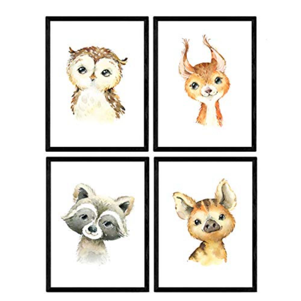 POSTER Set mit 4 Hyena Stinktier Eule und Hirsche A4 Schwarzer Rahmen - Schwarz, Papier (29.7/3cm) - Nacnic