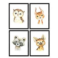 POSTER Set mit 4 Hyena Stinktier Eule und Hirsche A4 Schwarzer Rahmen - Schwarz, Papier (29.7/3cm) - Nacnic