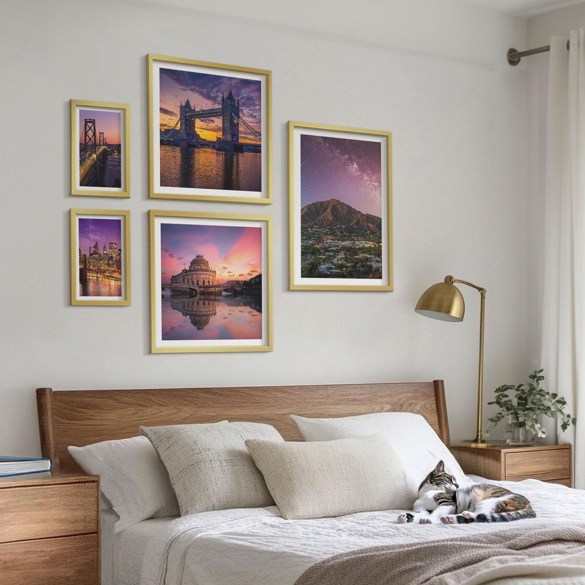 BILDER SET 5er Set - 50x50 cm & 20x30 cm & 40x60 cm Goldrahmen - Brücken, Sonne, Stadtblick - Goldfarben, Kunststoff (40/60cm) - TULUP