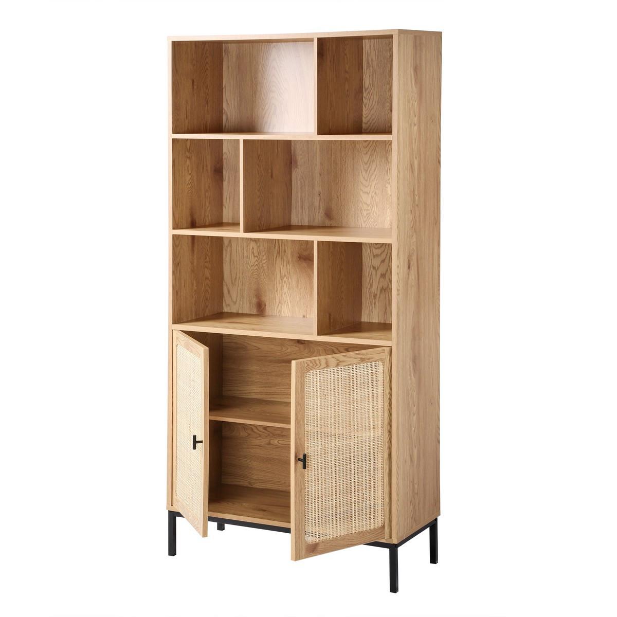 BÜCHERREGAL mit Aufbewahrung 2 Türen aus natürlichem Rattan H175cm - JAYA - Eschefarben, Holzwerkstoff (35/175/45cm) - Calicosy