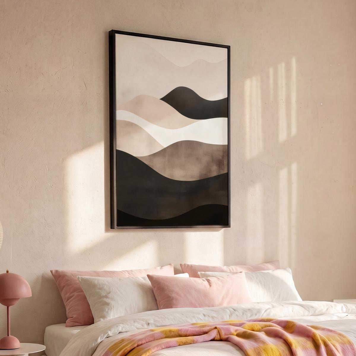 LEINWAND Bilder mit Rahmen - Abstrakt - Landschaft - Wellen - Cremefarben - 100x150 - Cappuccino, Textil (100/150cm) - MuchoWow