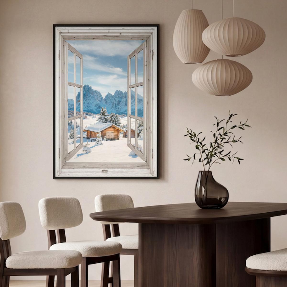 LEINWAND Bilder mit Rahmen - Winterlandschaft - Hütte - Berge - Ausblicke - Aussicht - Natur - 100x150 - Weiß Hochglanz, Textil (100/150cm) - MuchoWow