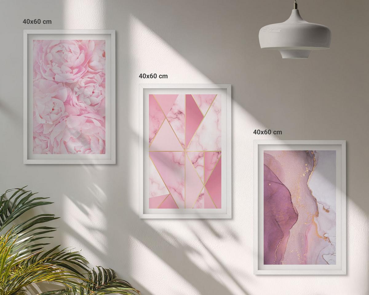 BILDER SET 3er Set - 40x60 cm Weißer Rahmen - Rosa geometrische Pfingstrosen - Weiß, Kunststoff (40/60cm) - TULUP
