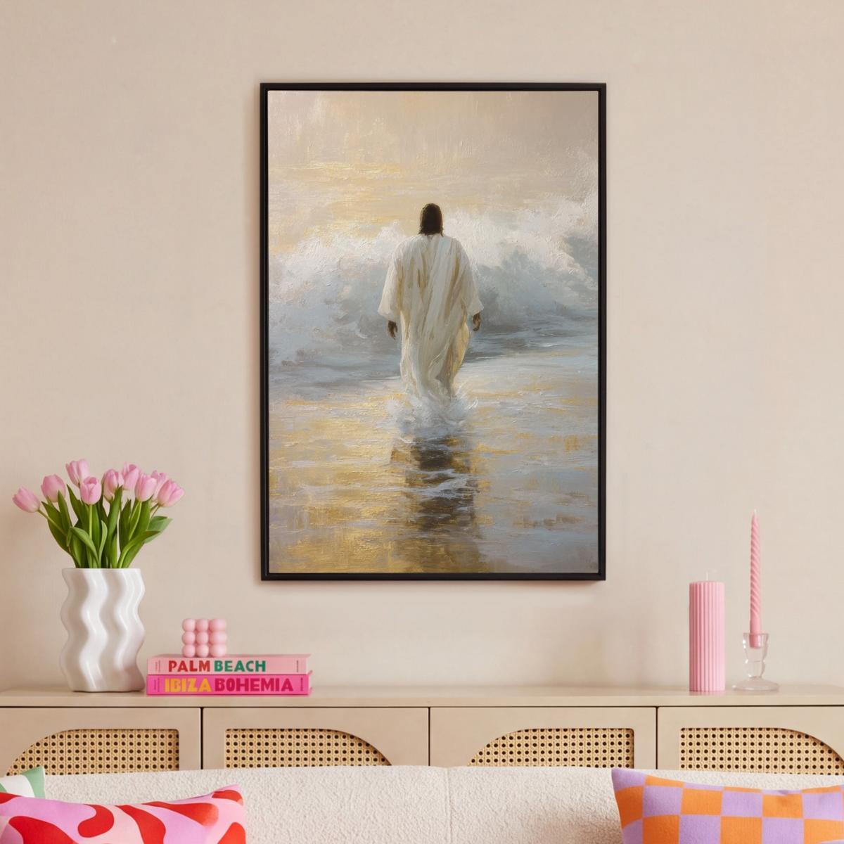 LEINWAND Bilder mit Rahmen - Gemälde - Welle - Jesus - Abstrakt - 60x90 - Goldfarben, Textil (60/90cm) - MuchoWow