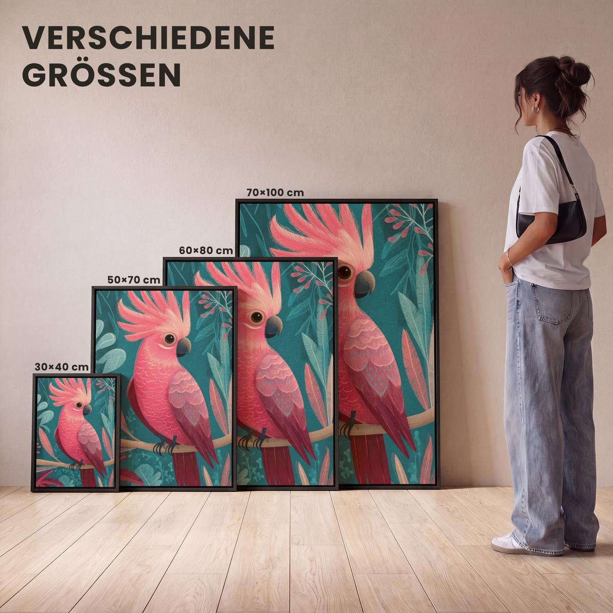 LEINWAND Bilder mit Rahmen - Kakadu - Tropische Blätter - Zweig - 50x70 - Petrol, Textil (50/70cm) - MuchoWow