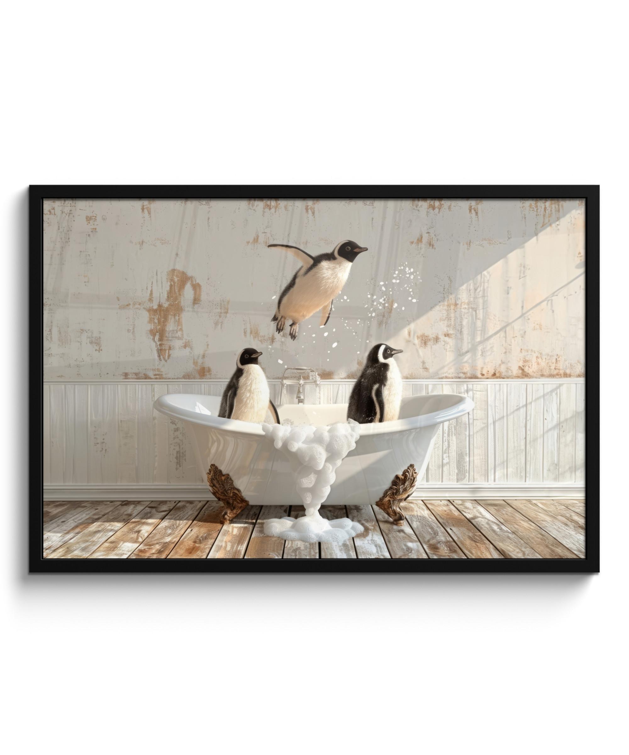 POSTER MIT RAHMEN Vintage - Pinguin - Badewanne - Schaumstoff 90x60 cm - Schwarz, Papier (90/60cm) - MuchoWow
