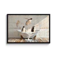 POSTER MIT RAHMENGERAHMTES BILD Vintage - Pinguin - Badewanne - Schaumstoff 90x60 cm - Schwarz, Papier (90/60cm) - MuchoWow
