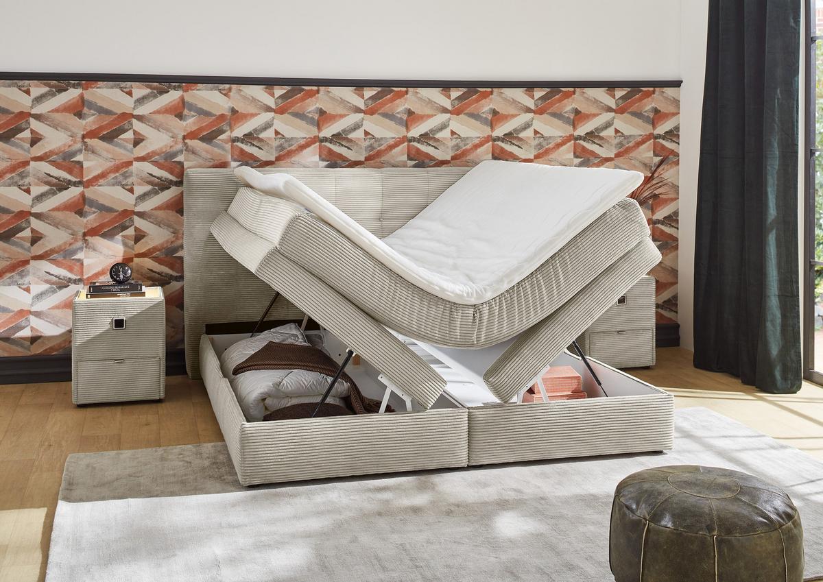 BOXSPRINGBETT 180x200 cm, 7-Zonen-Tonnentaschen-Federkernmatratzen H3, Topper, Bonell-Federkern, 2 Bettkästen, Cord Beige Grau / 20039 - Greige/Schwarz, Kunststoff/Textil (180/200cm) - luma-home