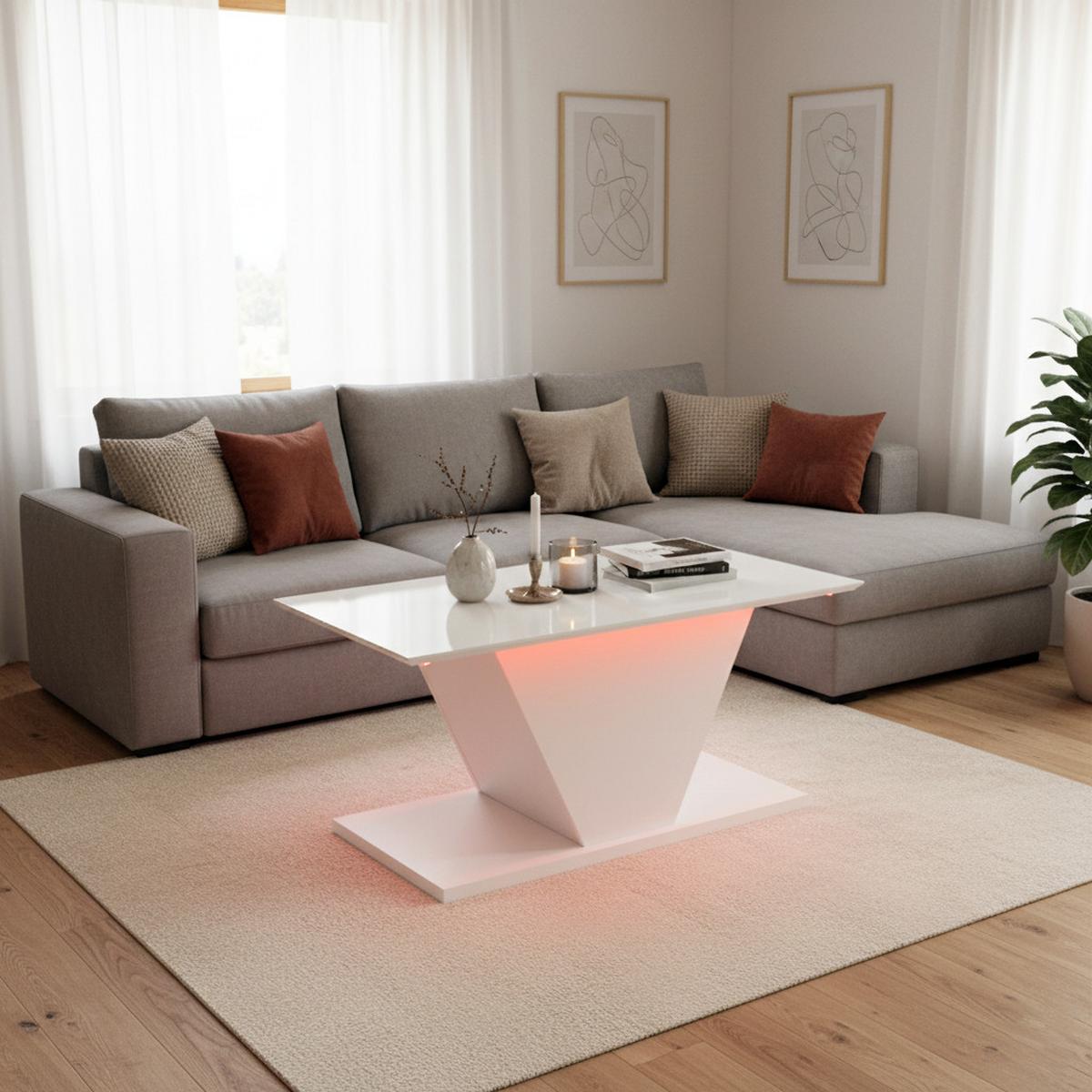 BIELY KONFERENČNÝ STOLÍK s vysokým leskom, LED osvetlením a dizajnom v tvare V - Weiß, Holzwerkstoff (50/100/46cm) - Urban Meuble