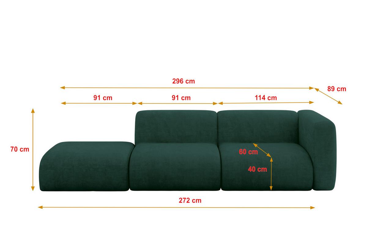 SOFA Ottomane Rechts MIRA-S3 296x89x70 Grün Velours - Dunkelgrün/Schwarz, Holzwerkstoff/Kunststoff (296/70/89cm) - ALTDECOR