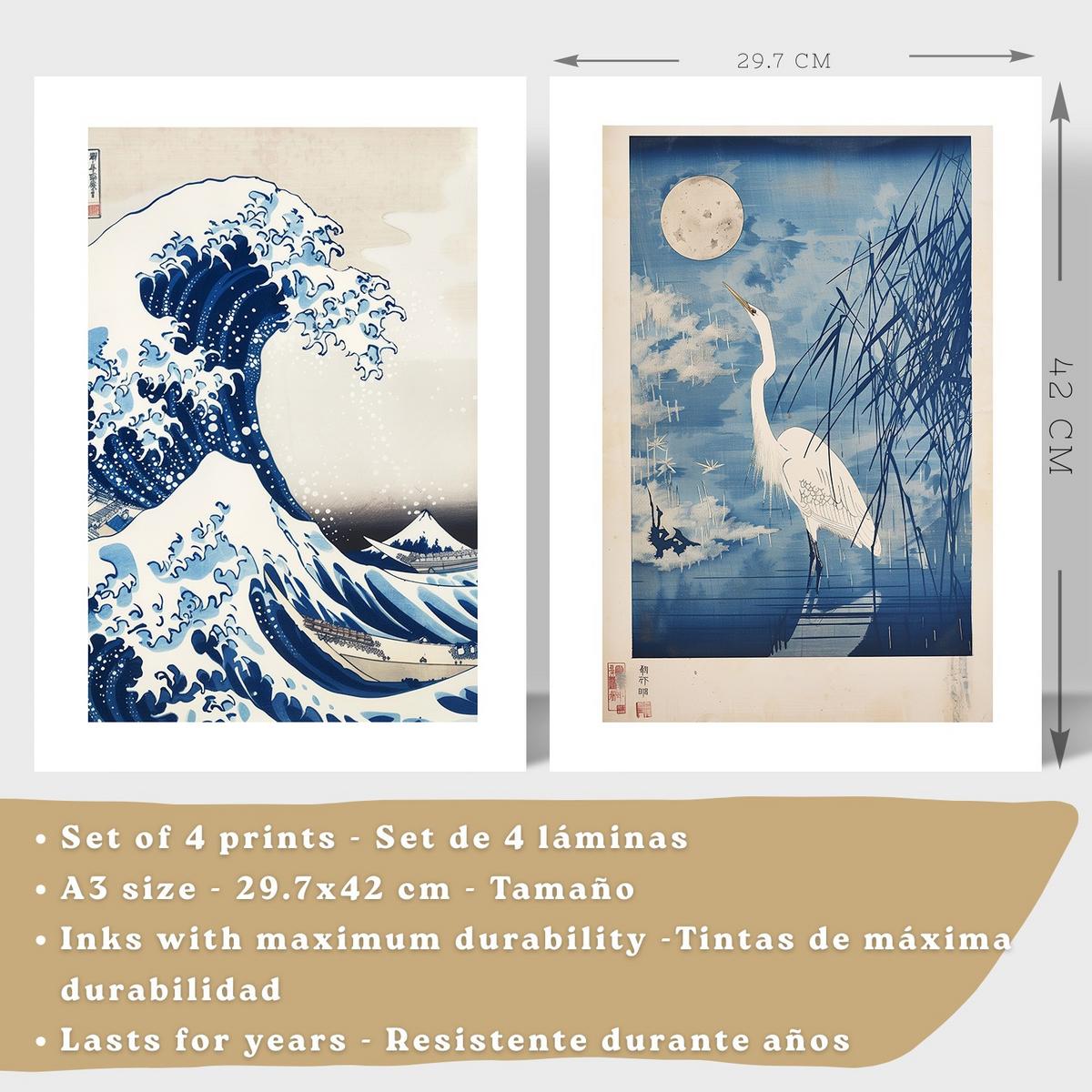 POSTER 4er Bilder-Set Wandbilder Japanisch modern Wohnzimmer Deko, Schlafzimmer, Küche, Badezimmer Weißer Rahmen A3 - Weiß, Papier (29.7/1/42cm) - Nacnic