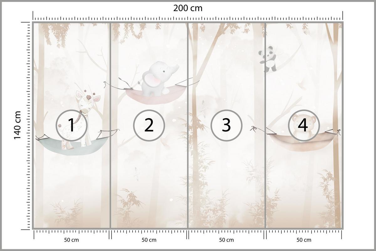 FOTOTAPETE für Kinderzimmer Tiere Hängematten WALD Elefant Giraffe 200x140 - Beige/Schwarz, Papier (200/140cm) - Muralo