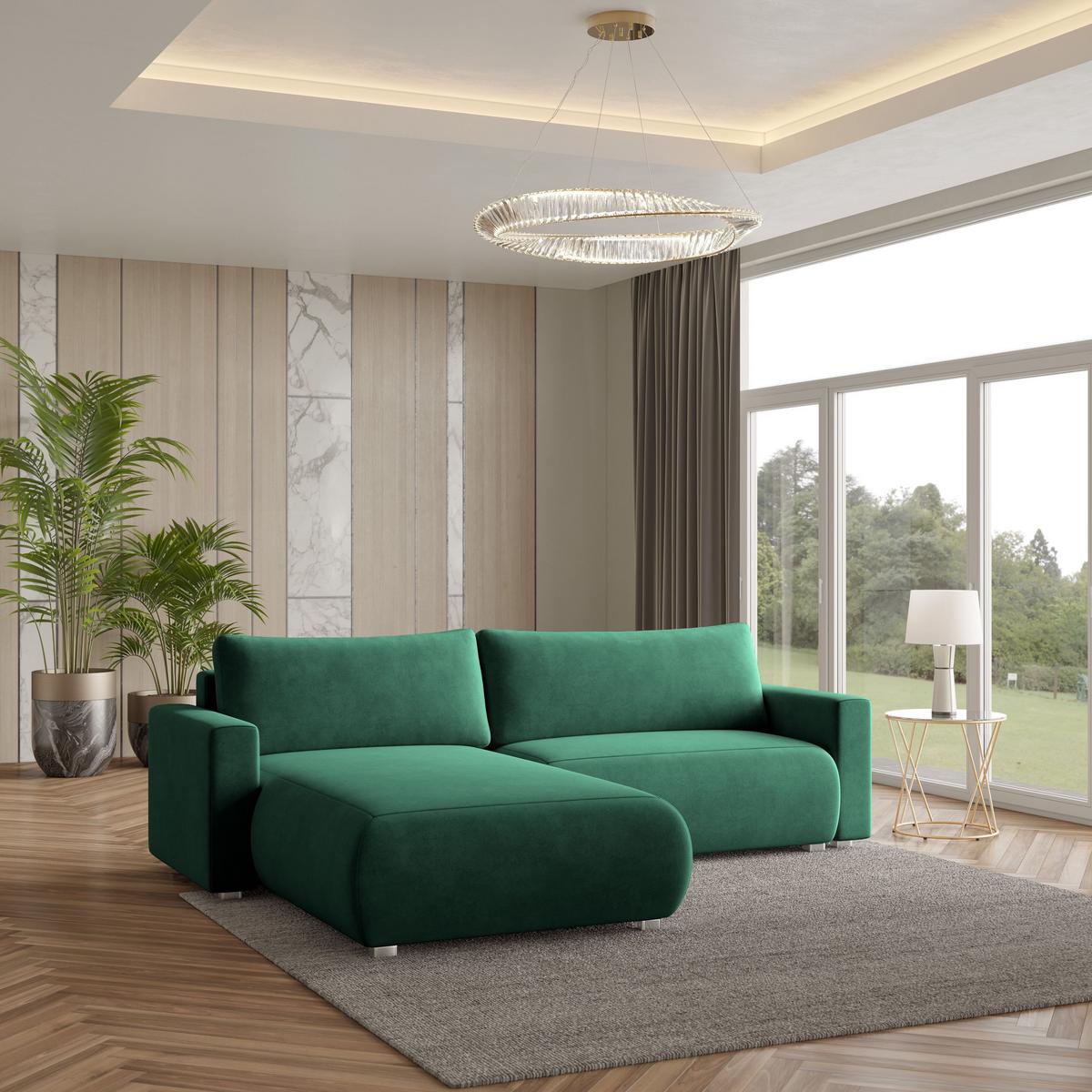 ECKSOFA TURIN M Grün Velours-Stoff mit Schlaffunktion - Grau/Grün, Holz/Kunststoff (265/183cm) - MASSENO