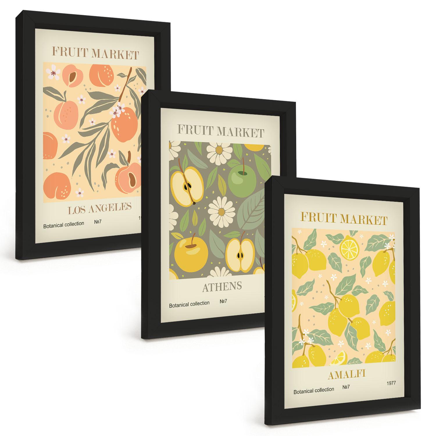 BILDER SET 3er Set - 20x30 cm Schwarzer Rahmen - Retro-Poster mit Fruchtmustern - Schwarz, Kunststoff (20/30cm) - TULUP
