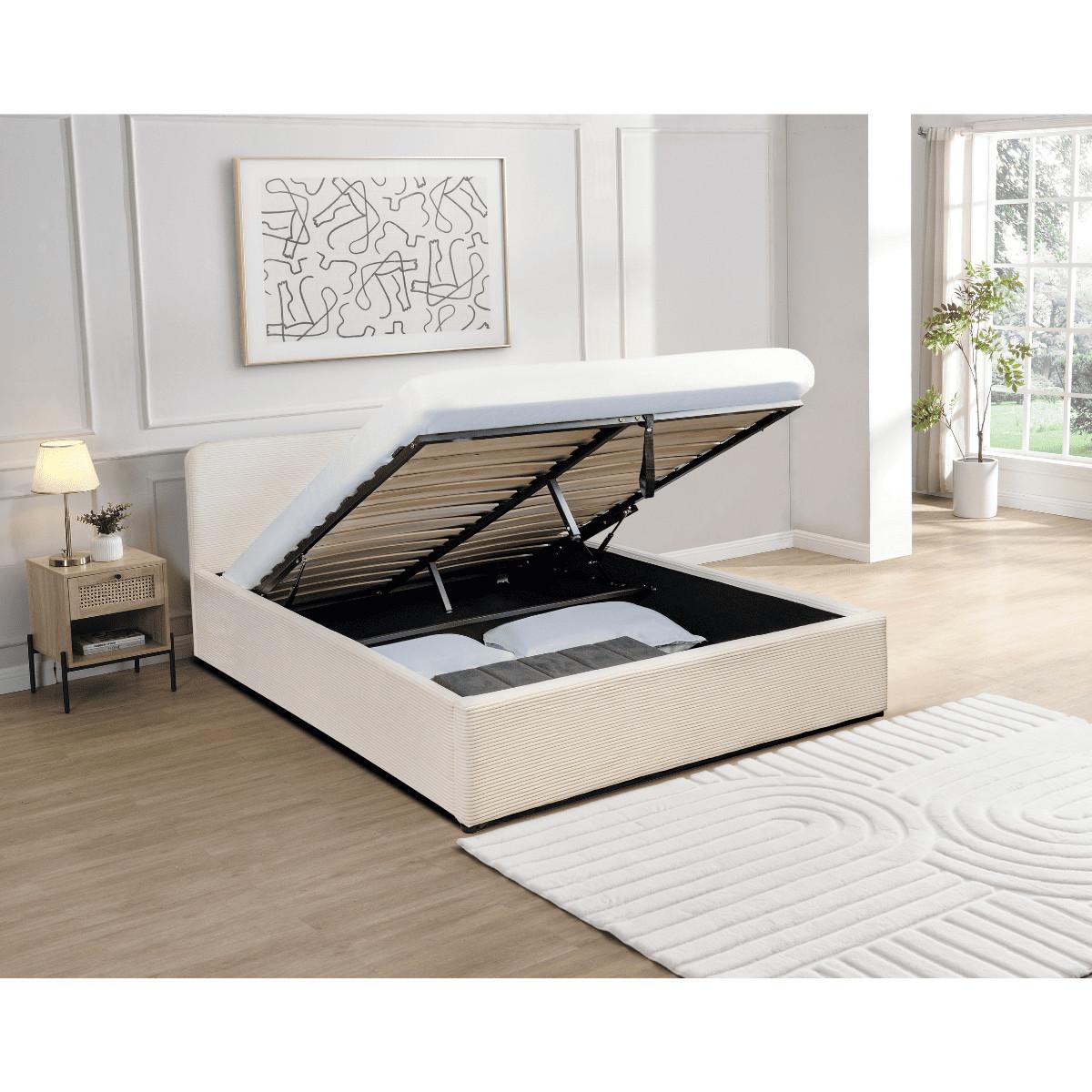 BETTKASTEN 160x200 cm mit kopfteil bezogen mit beigem - livy - Beige, Holz (200/160cm) - Calicosy