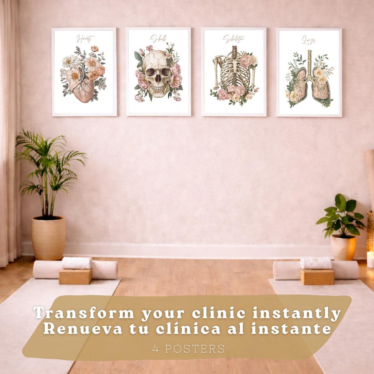 POSTER Set aus 4 Anatomie Mensch Florale Drucke und Wandbilder mit Herz Lungen Skelett und Schädel Stil Wanddekoration Größe Weißer Rahmen A4 - Weiß, Papier (21/29.7/3cm) - Nacnic