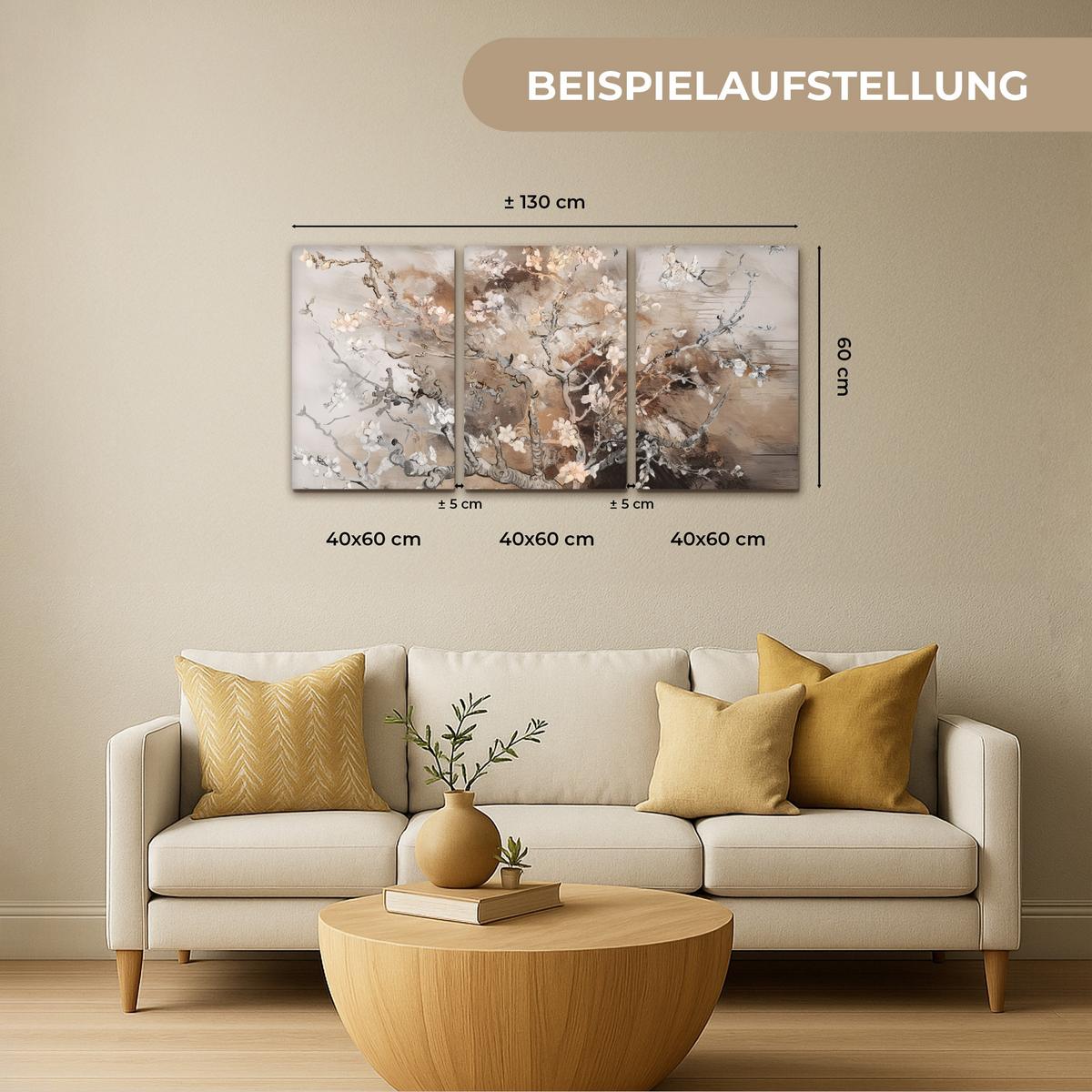 LEINWANDBILD 3er Set Mandelblüte - Abstrakt - Beige 120x60 cm - Beige, Textil (120/60cm) - MuchoWow