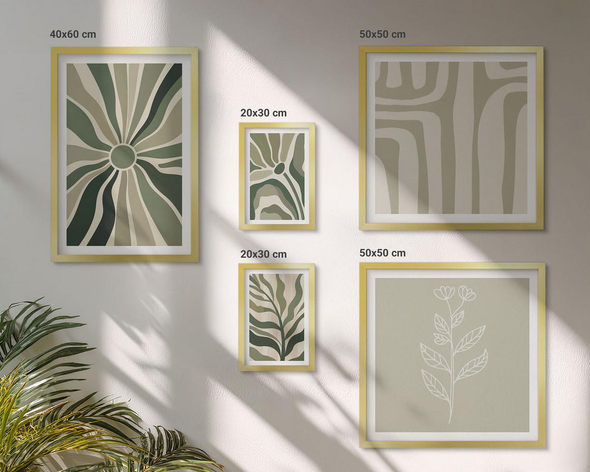 BILDER SET 5er Set - 50x50 cm & 20x30 cm & 40x60 cm Goldrahmen - Pflanzenmuster grüner Minimalismus - Goldfarben, Kunststoff (40/60cm) - TULUP