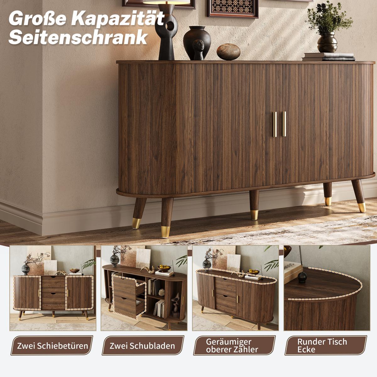 SIDEBOARD walnuss rund 140cm schiebetüren schubladen - Walnussfarben, Holzwerkstoff (140/79.5/40cm) - Urban Meuble