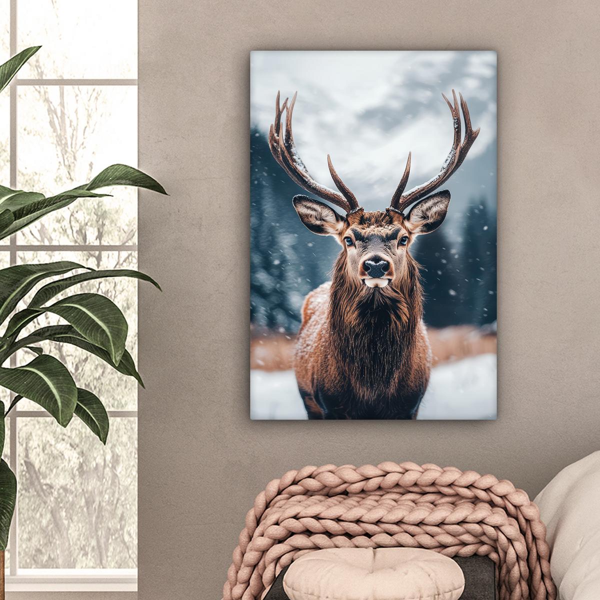 LEINWANDBILD Hirsche - Tiere - Landschaft - Winter - Schnee Wanddeko Schlafzimmer 60x90 cm - Kastanienfarben, Textil (60/90cm) - MuchoWow