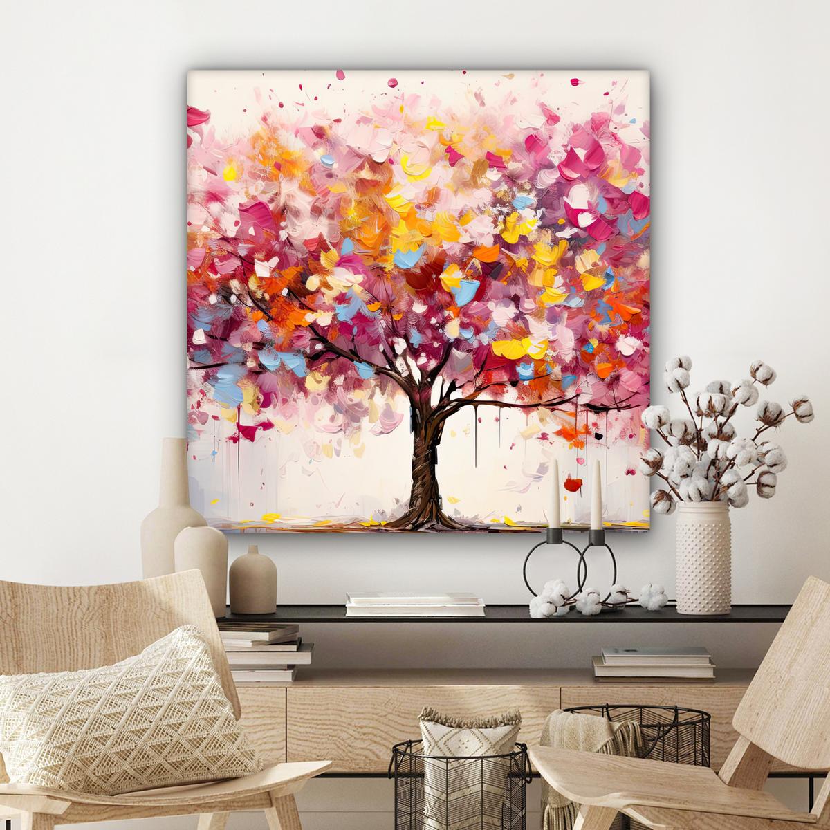 LEINWANDBILD Aquarell - Baum - Kunst - Abstrakt Deko Groß 90x90 cm - Rosa, Textil (90/90cm) - MuchoWow